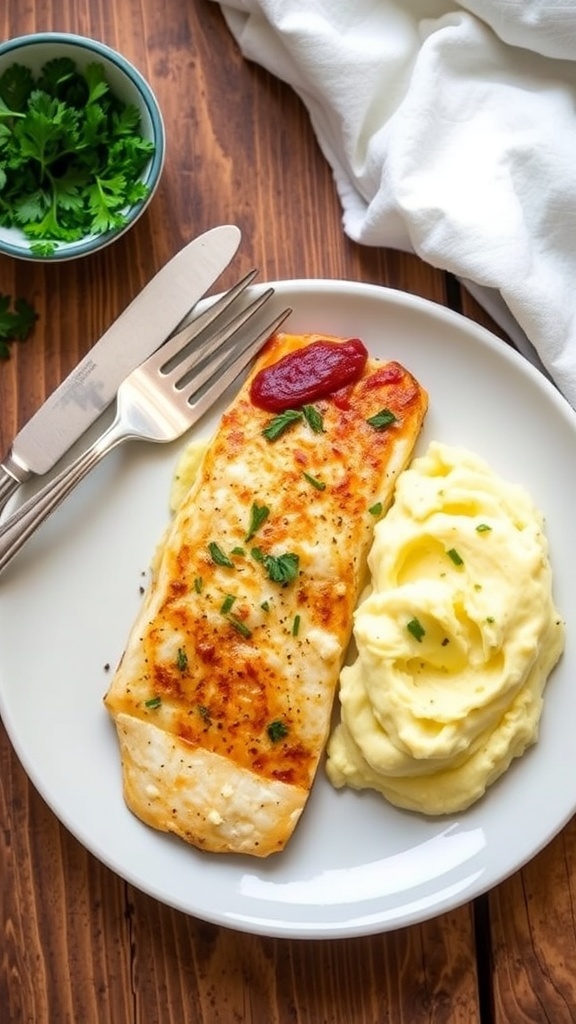 Baked tilapia fillet with garlic mashed potatoes on a rustic wooden table.
